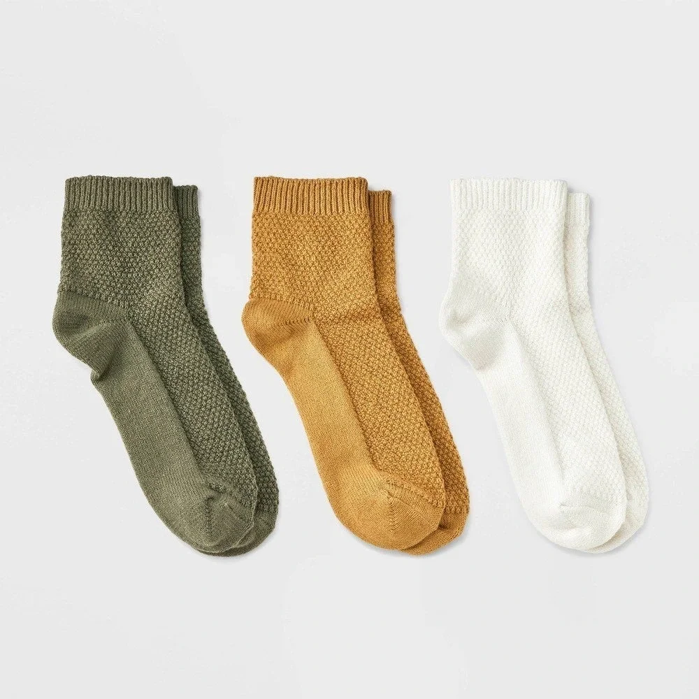 Auden Womens Textured Stitch Ankle Socks 3pk Ivory Gold Olive Shoe Size 4-10